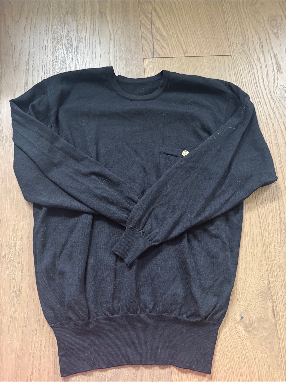 Men's Black Crewneck Sweater with Chest Pocket Button